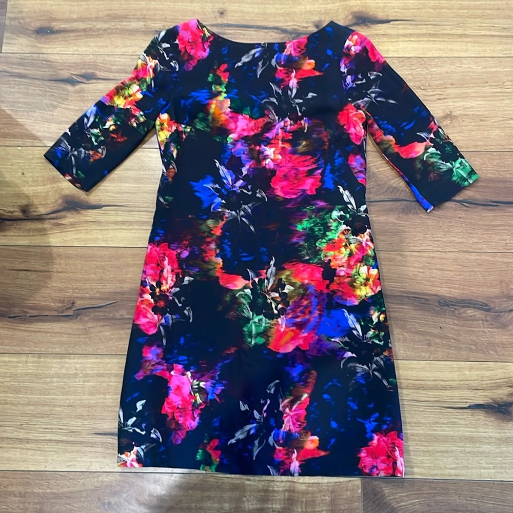 Milly floral black mini dress size 2 shift zipper black pink blue party work